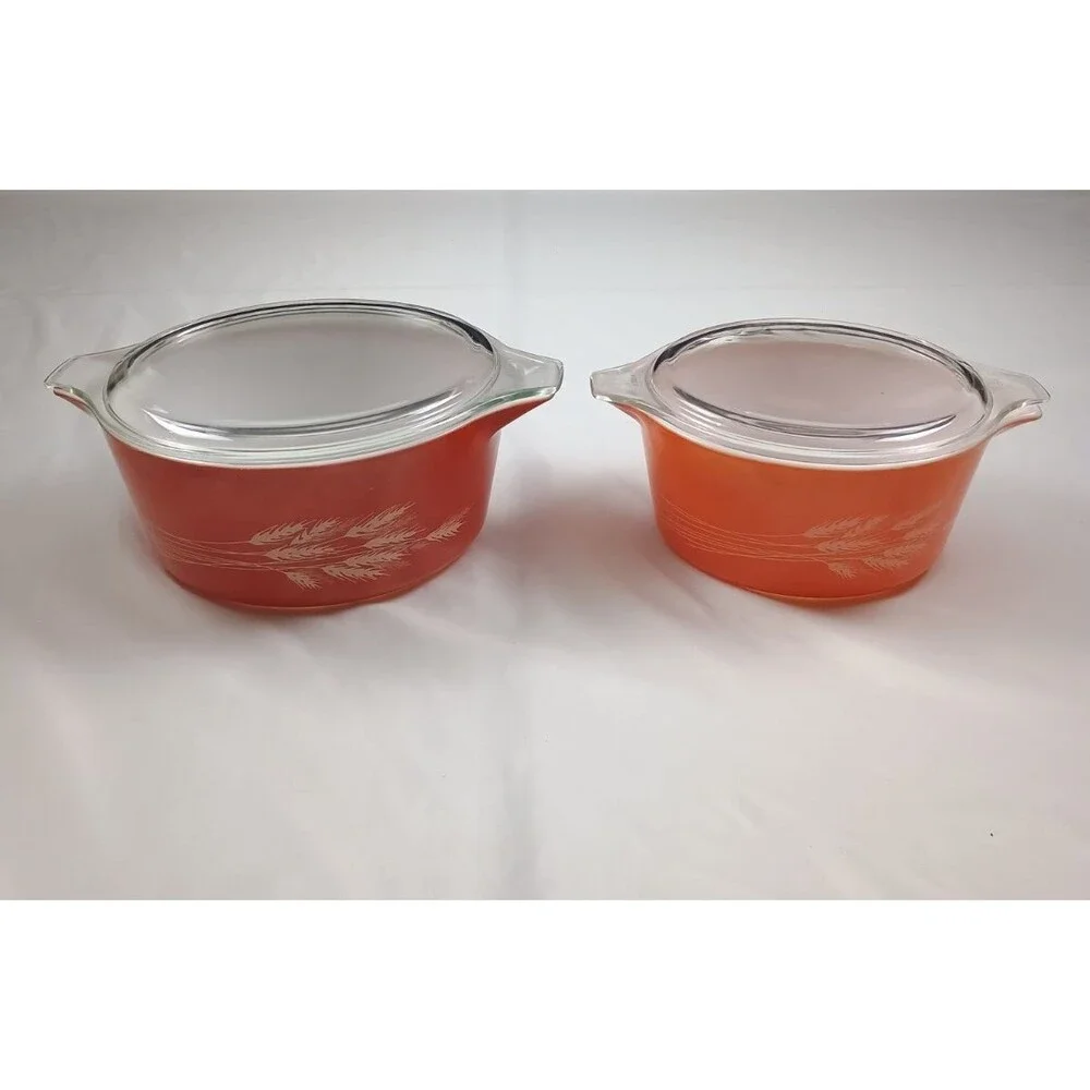 VTG Pyrex Autumn Harvest Casserole Dishes 2pc Set W Lids 475-B 2.5L 474-B 1.5L